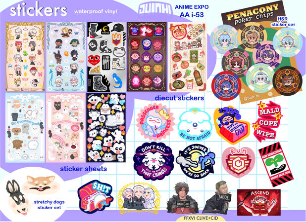 Sticker Sheets $10 for 1, 3 for $25 Diecut Stickers $3 for 1, 4 for $10 Stretchy Dogs Sticker Set $5 Penacony Poker Chip Set $15